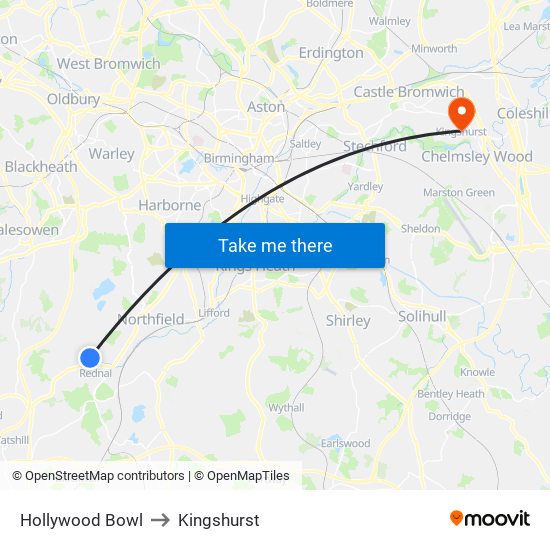 Hollywood Bowl to Kingshurst map