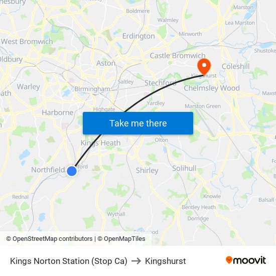 Kings Norton Station (Stop Ca) to Kingshurst map