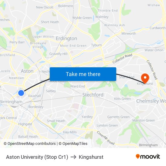 Aston University (Stop Cr1) to Kingshurst map