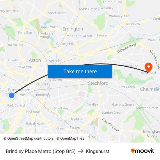 Brindley Place Metro (Stop Br5) to Kingshurst map