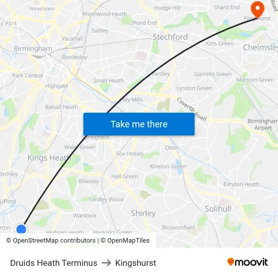 Druids Heath Terminus to Kingshurst map