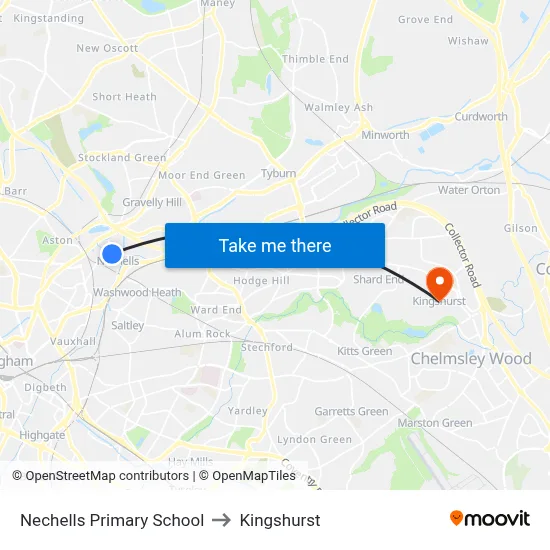Nechells Primary School to Kingshurst map