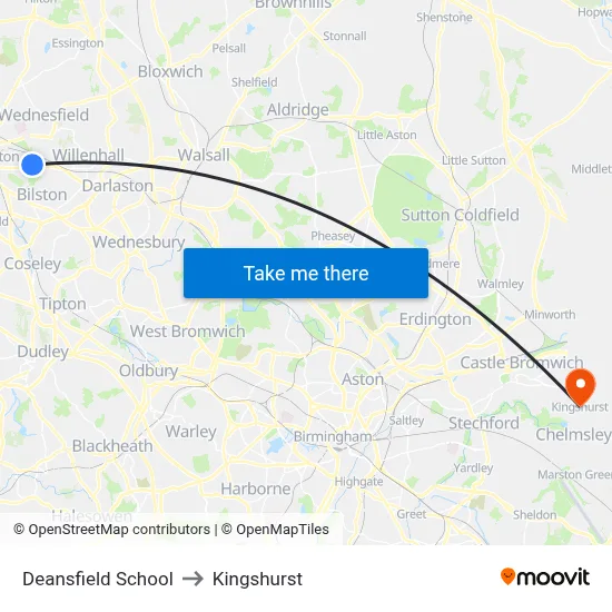 Deansfield School to Kingshurst map