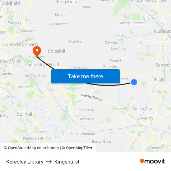 Keresley Library to Kingshurst map