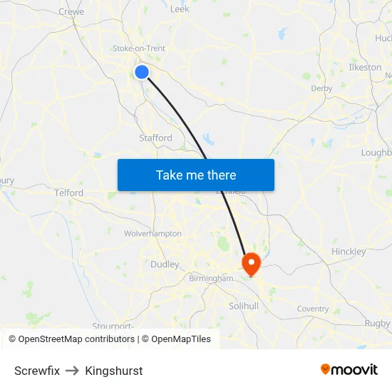 Screwfix to Kingshurst map