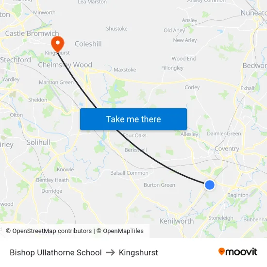 Bishop Ullathorne School to Kingshurst map