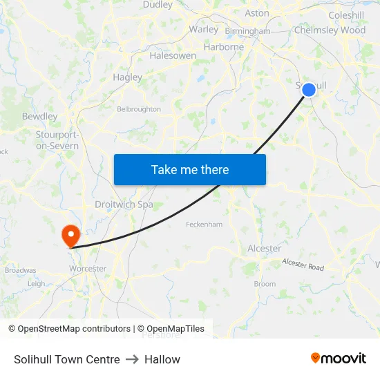 Solihull Town Centre to Hallow map