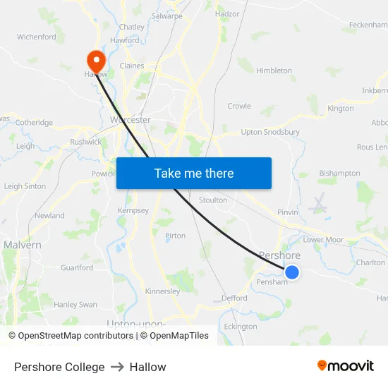 Pershore College to Hallow map