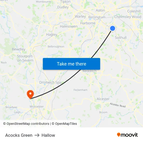 Acocks Green to Hallow map