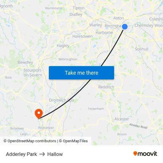 Adderley Park to Hallow map