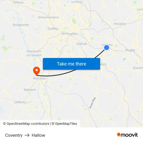 Coventry to Hallow map