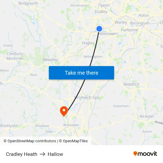 Cradley Heath to Hallow map