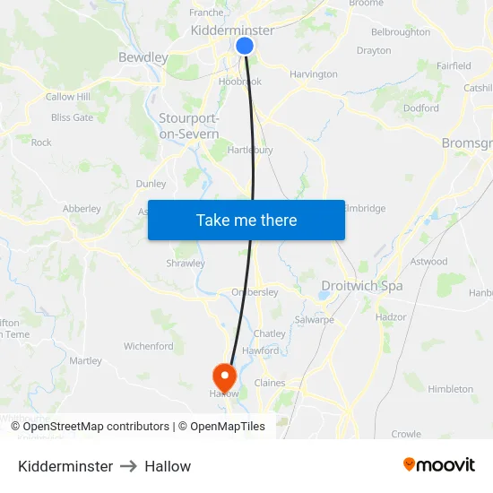 Kidderminster to Hallow map