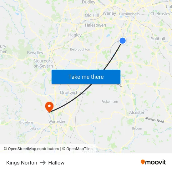 Kings Norton to Hallow map