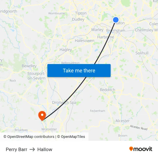 Perry Barr to Hallow map