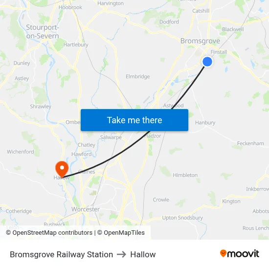 Bromsgrove Railway Station to Hallow map