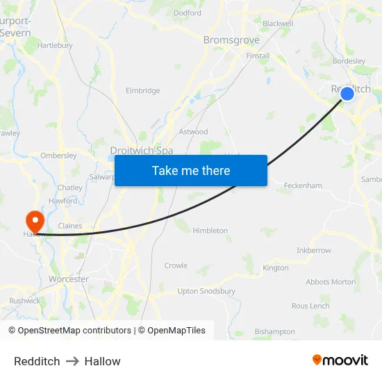 Redditch to Hallow map