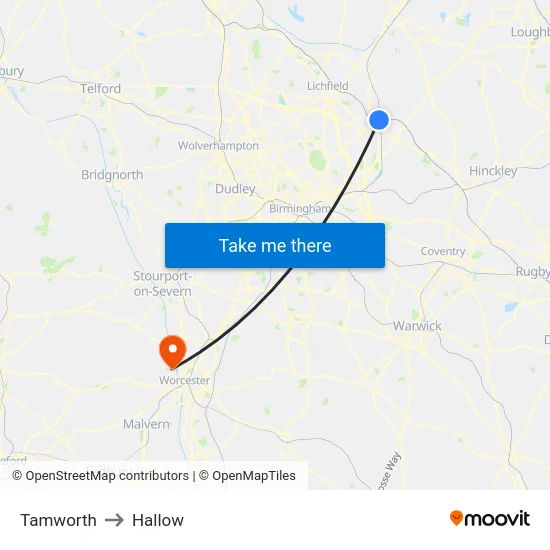 Tamworth to Hallow map