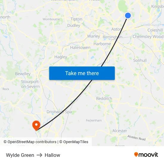 Wylde Green to Hallow map