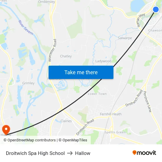 Droitwich Spa High School to Hallow map