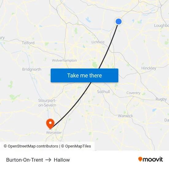 Burton-On-Trent to Hallow map