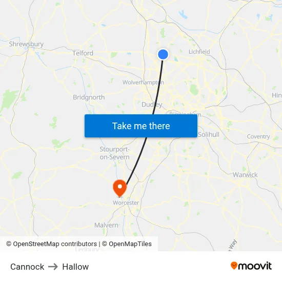 Cannock to Hallow map