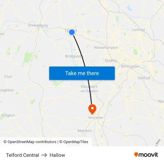 Telford Central to Hallow map