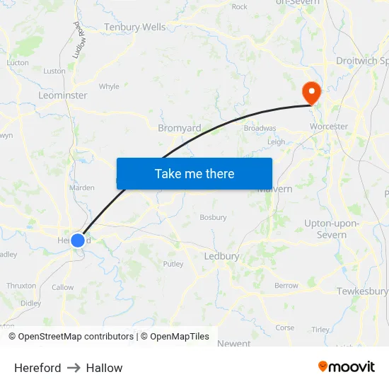 Hereford to Hallow map