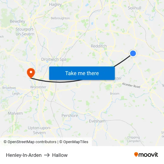 Henley-In-Arden to Hallow map