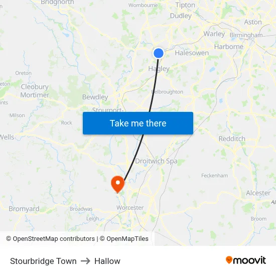Stourbridge Town to Hallow map