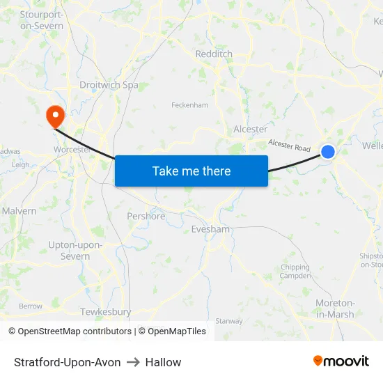 Stratford-Upon-Avon to Hallow map