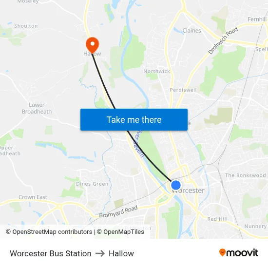 Worcester Bus Station to Hallow map