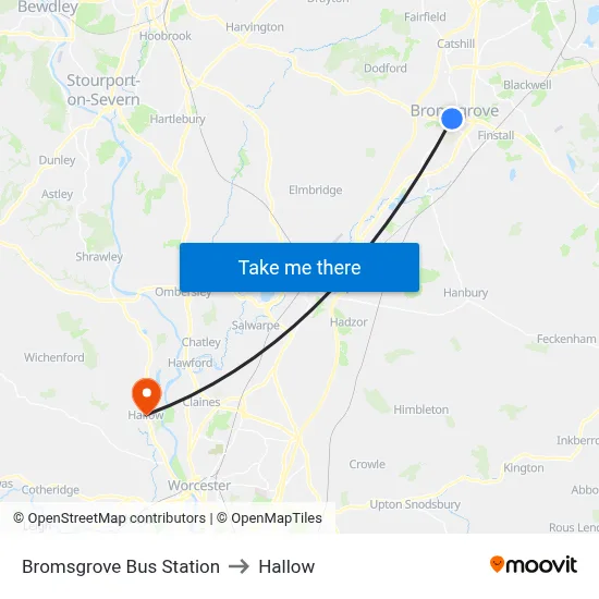 Bromsgrove Bus Station to Hallow map