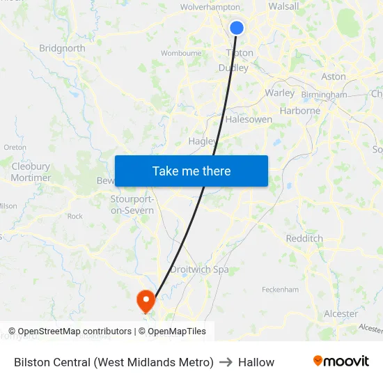 Bilston Central (West Midlands Metro) to Hallow map