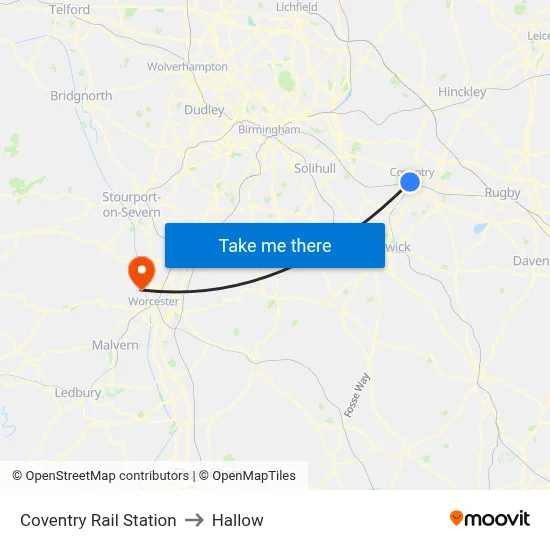 Coventry Rail Station to Hallow map