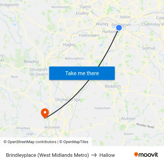Brindleyplace (West Midlands Metro) to Hallow map