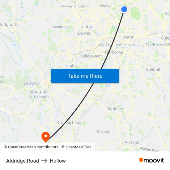 Aldridge Road to Hallow map