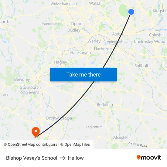 Bishop Vesey's School to Hallow map