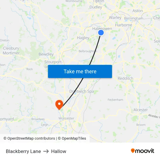 Blackberry Lane to Hallow map