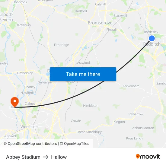 Abbey Stadium to Hallow map