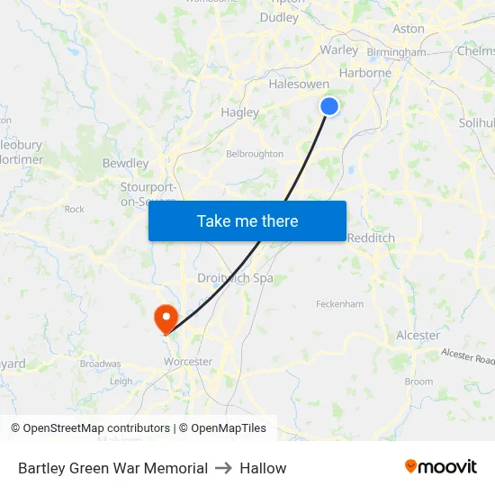 Bartley Green War Memorial to Hallow map