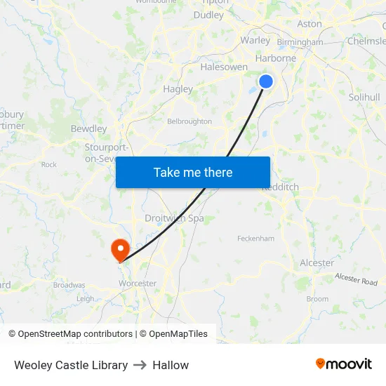 Weoley Castle Library to Hallow map