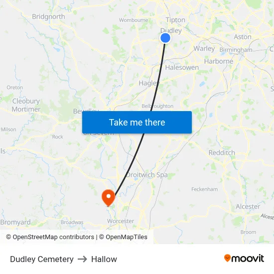 Dudley Cemetery to Hallow map