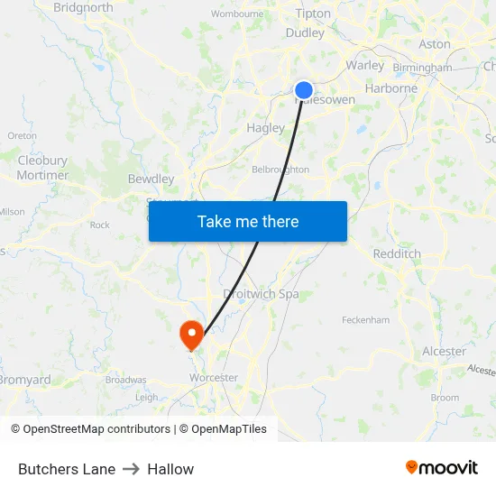 Butchers Lane to Hallow map
