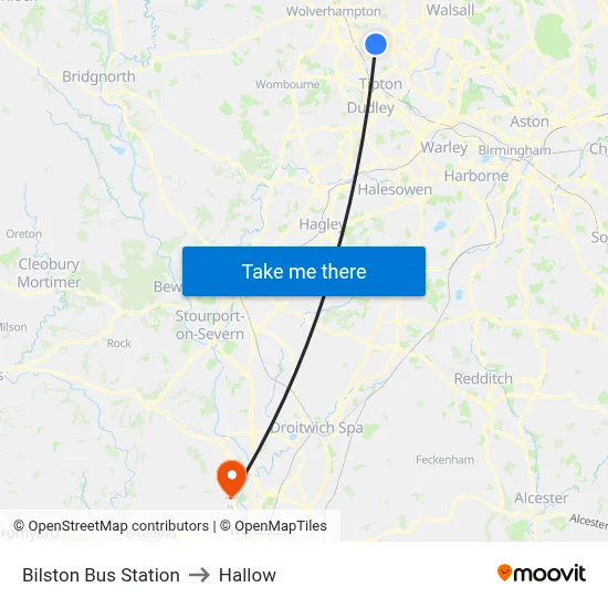 Bilston Bus Station to Hallow map