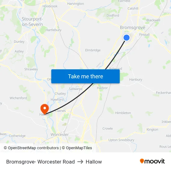 Bromsgrove- Worcester Road to Hallow map