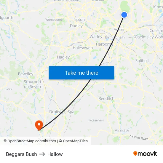 Beggars Bush to Hallow map