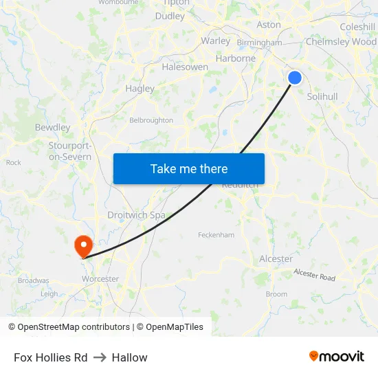 Fox Hollies Rd to Hallow map