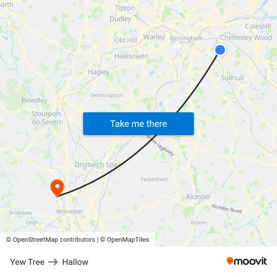 Yew Tree to Hallow map