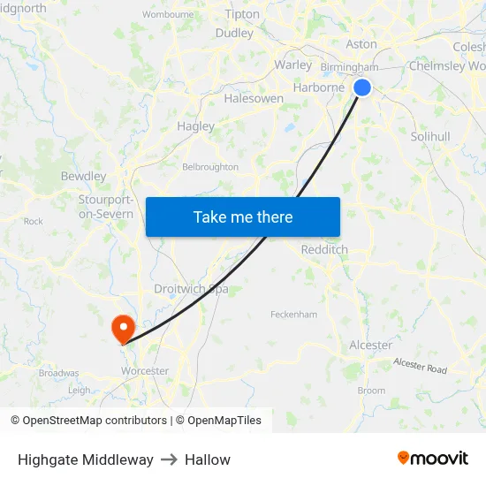 Highgate Middleway to Hallow map